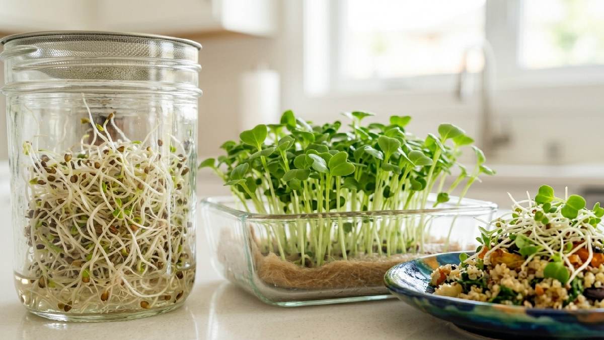 Sprouts give quick results, microgreens feel more satisfying. Both save money, freshen the kitchen, improve meals with color and texture, small setup, fresh food anytime. 