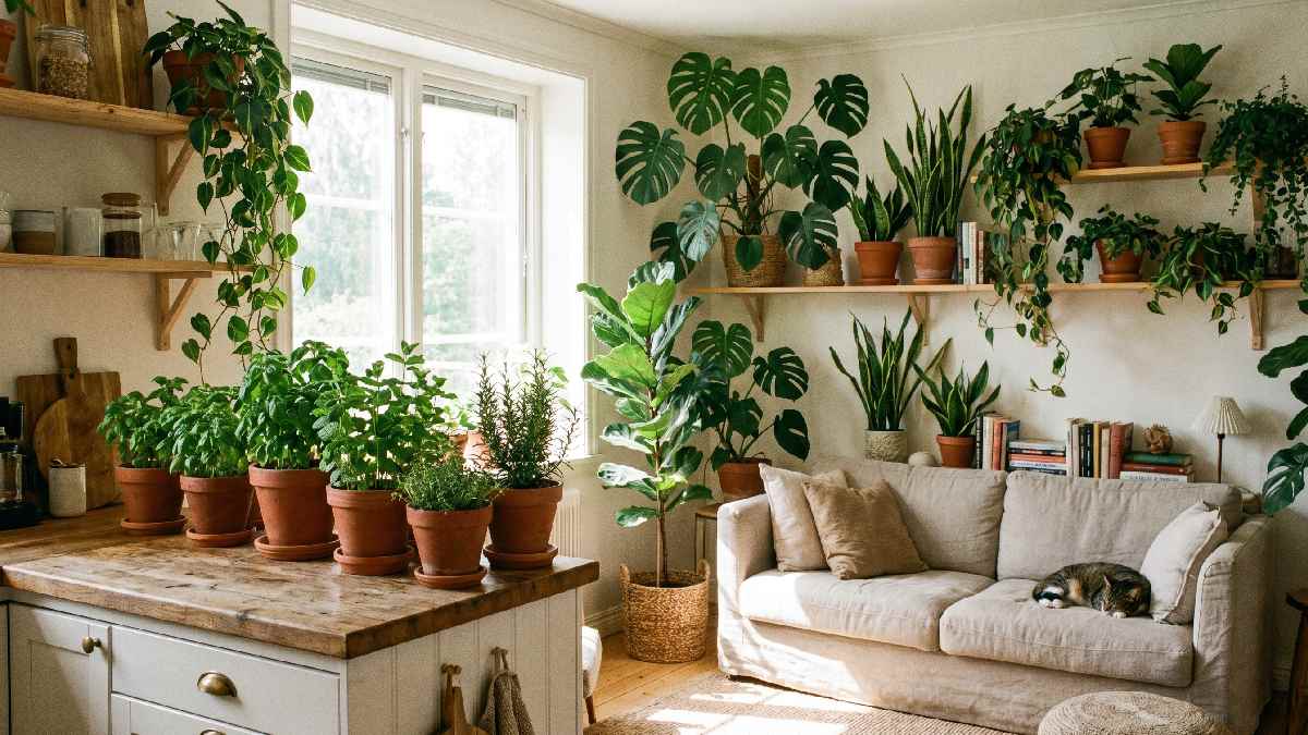 A cozy home interior filled with green plants and fresh herbs creating a healthy, calm, and inviting living atmosphere. 