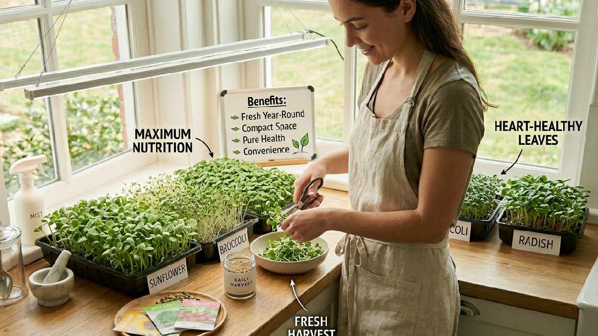 Microgreens offer fresh nutrition, low cost, quick harvest, and year-round indoor growing in small home spaces.