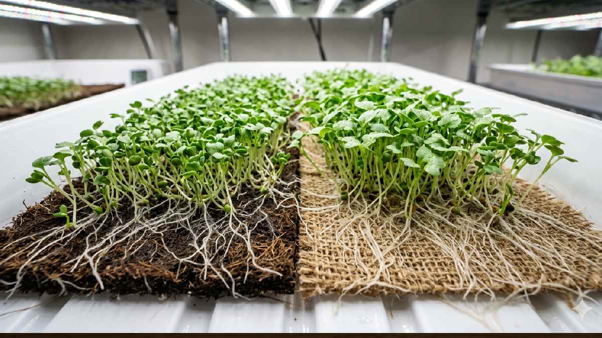 Coco coir and hemp mats used as growing medium for hydroponic microgreens