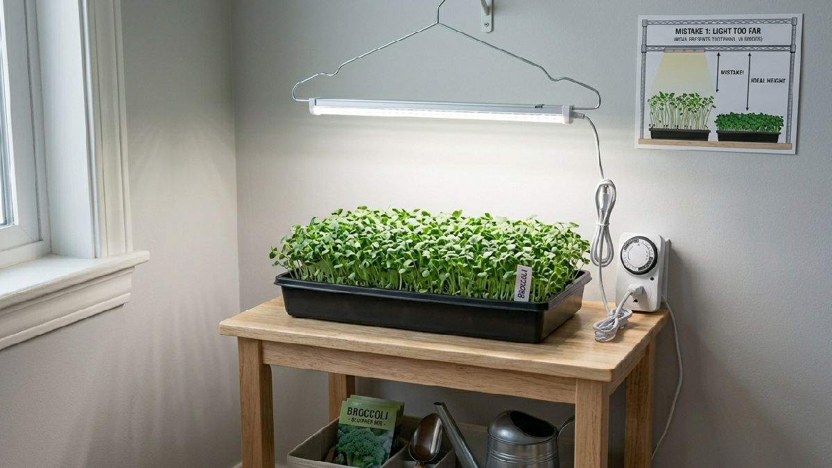 A simple LED light timer and tray setup is enough for beginners, consistent light gives healthy microgreens easily, and affordable for indoor growing.
