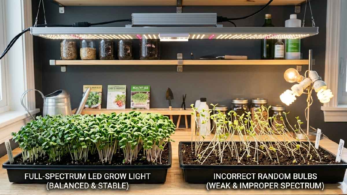 Balanced LED spectrum supports compact, vibrant microgreens, while wrong bulbs cause weak, stretched, uneven growth indoors.