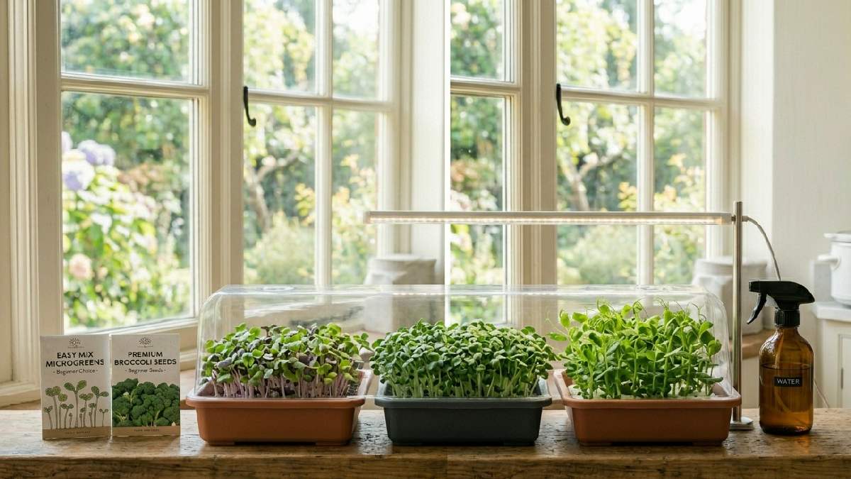 Grow radish, broccoli, and pea shoots indoors for beginners, easy, fast growth, simple care, small trays, healthy, fresh green results