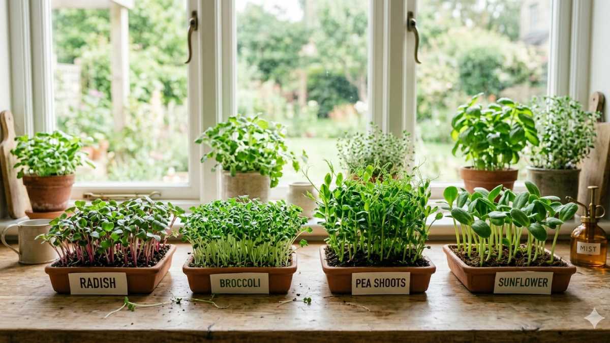 Different beginner-friendly microgreens growing in small trays