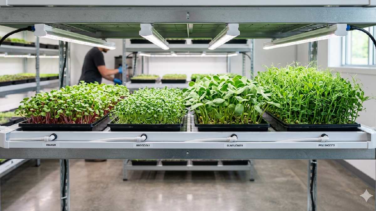 Different types of microgreens growing hydroponically in trays