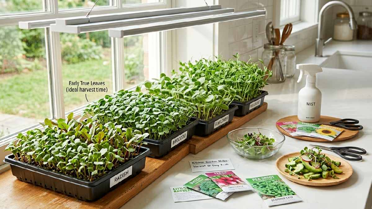 Radish broccoli sunflower and pea shoots grow fast indoors easy. care reliable yield perfect for beginners simple home microgreens setup.