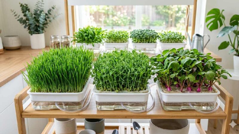 "Different types of microgreens growing without soil in clean trays using hydroponic mats."