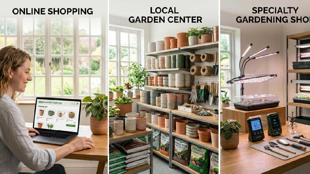Three buying options for indoor gardening supplies shown as online shopping, a local garden center, and a specialty gardening shop. 