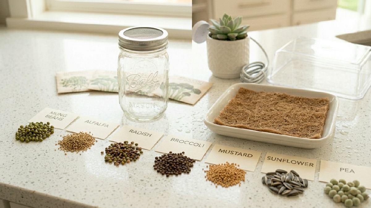 Mung and alfalfa work best for sprouts. Radish broccoli mustard sunflower and pea seeds grow well as microgreens. Fresh seeds always give better cleaner results. 