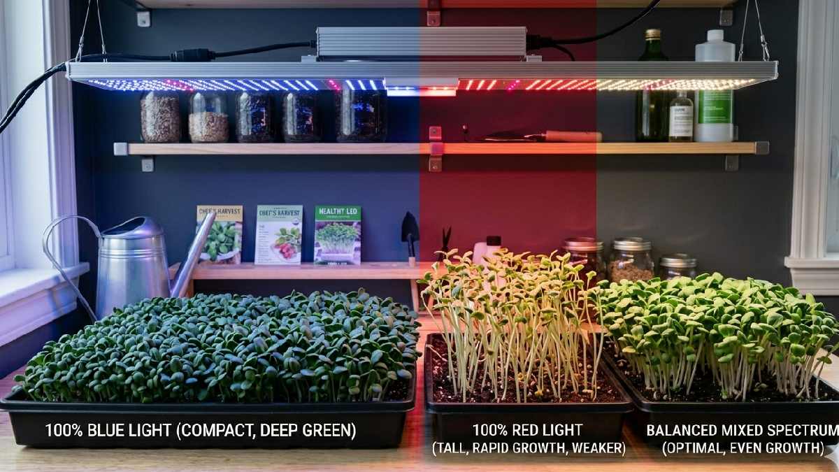 Blue light builds compact, strong growth. Red light increases height, balanced spectrum creates healthier, stable microgreens indoors.
