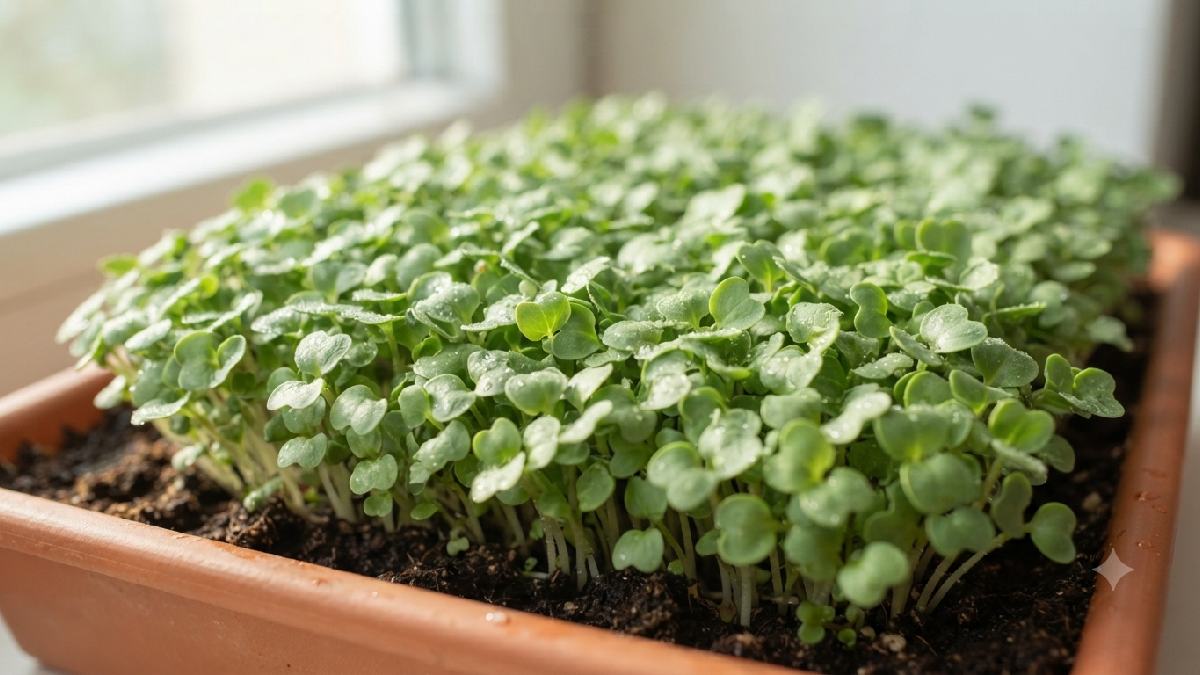 Broccoli microgreens growing densely in a tray