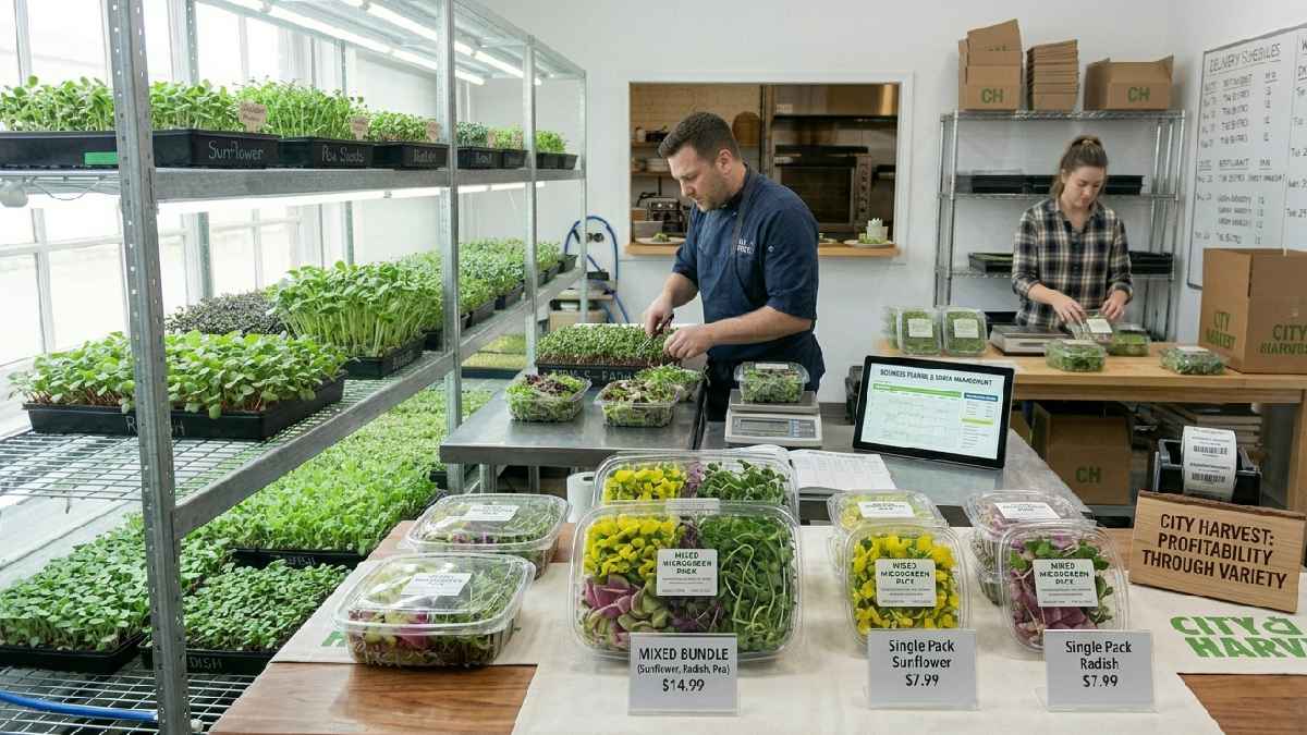 Bundling sunflower radish and pea shoots increases order value reduces waste and makes microgreens business more profitable.