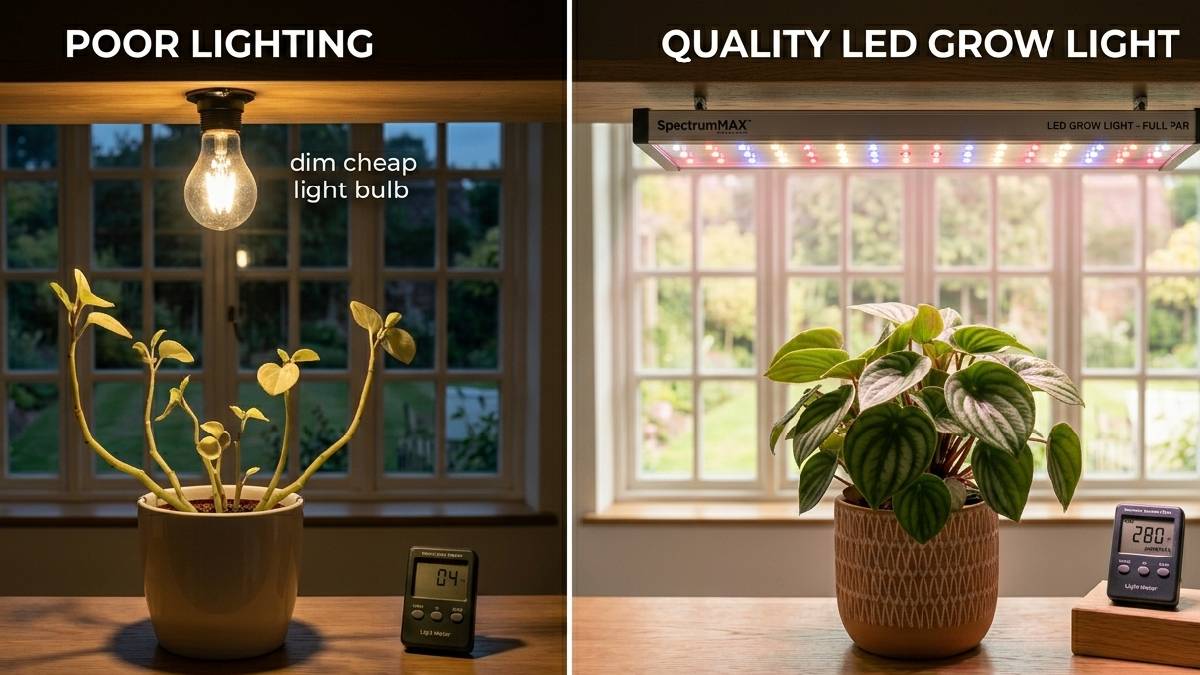 A pale weak plant under cheap lighting contrasted with a healthy green plant thriving under a quality LED grow light indoors. 