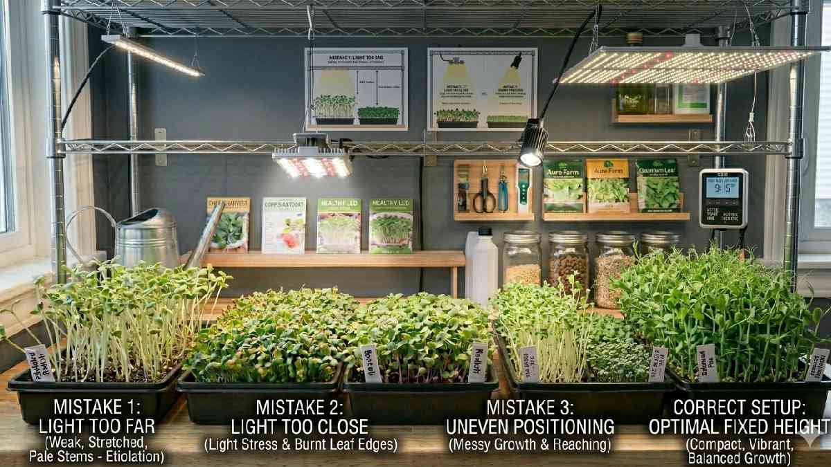 Avoid wrong LED distance, uneven lighting, and poor setup. Microgreens grow better with balanced, stable light for consistent, healthy results.