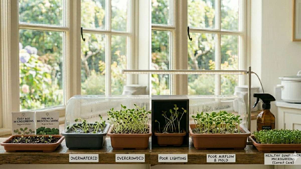 Avoid overwatering, overcrowding, weak light, poor airflow, and dirty trays for healthy sunflower microgreens. Clean setup, balanced care, and better growth