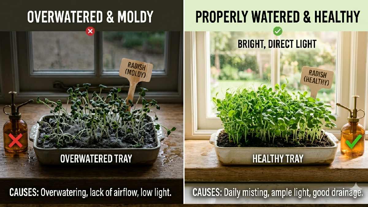 Comparison of healthy microgreens versus damaged ones due to common mistakes