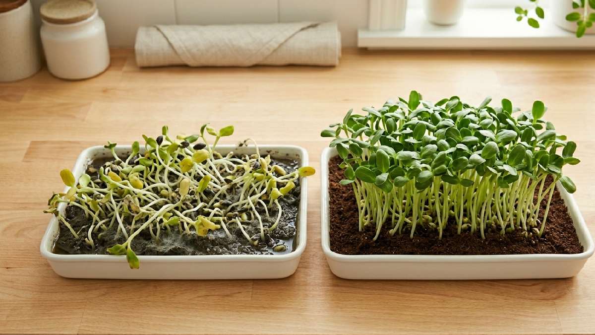 Avoid overwatering, crowded seeds, skipping soaking step, poor light and no airflow. Clean tray, proper spacing, steady light, small fixes bring strong healthy harvests every time. 