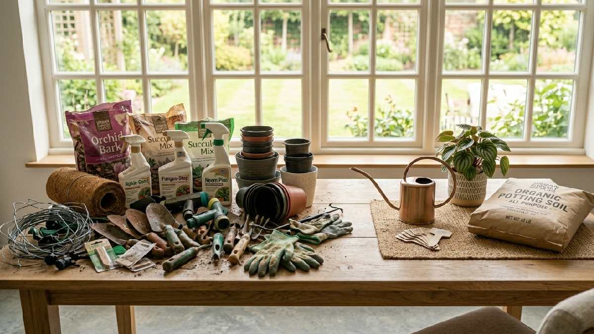 A cluttered table of unused gardening supplies contrasted with a small neat set of essential tools showing smart buying choices. 