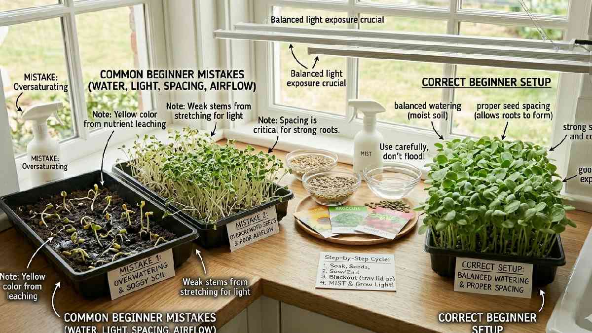 Avoid overwatering overcrowding weak light and poor airflow small mistakes affect full tray learn basics for smooth indoor microgreens growth.