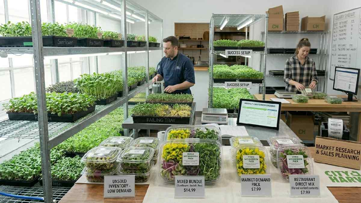 Avoid poor planning low demand crops and setup mistakes balance production with sales strategy for profitable microgreens business.