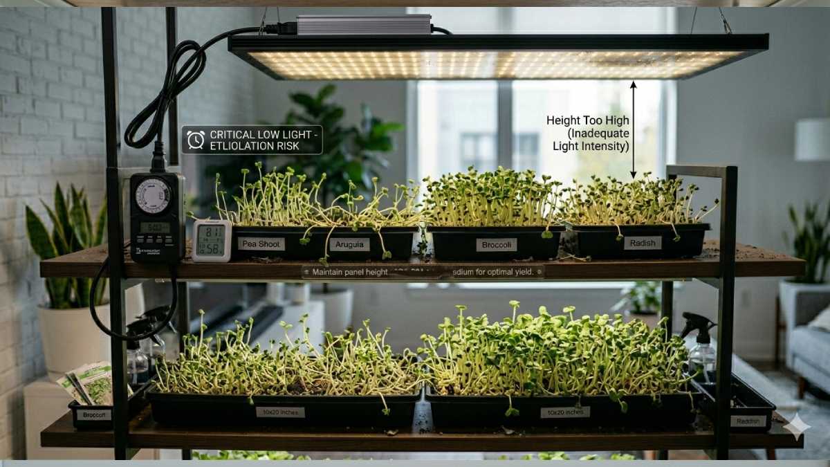 Common mistakes like weak light causing poor microgreens growth