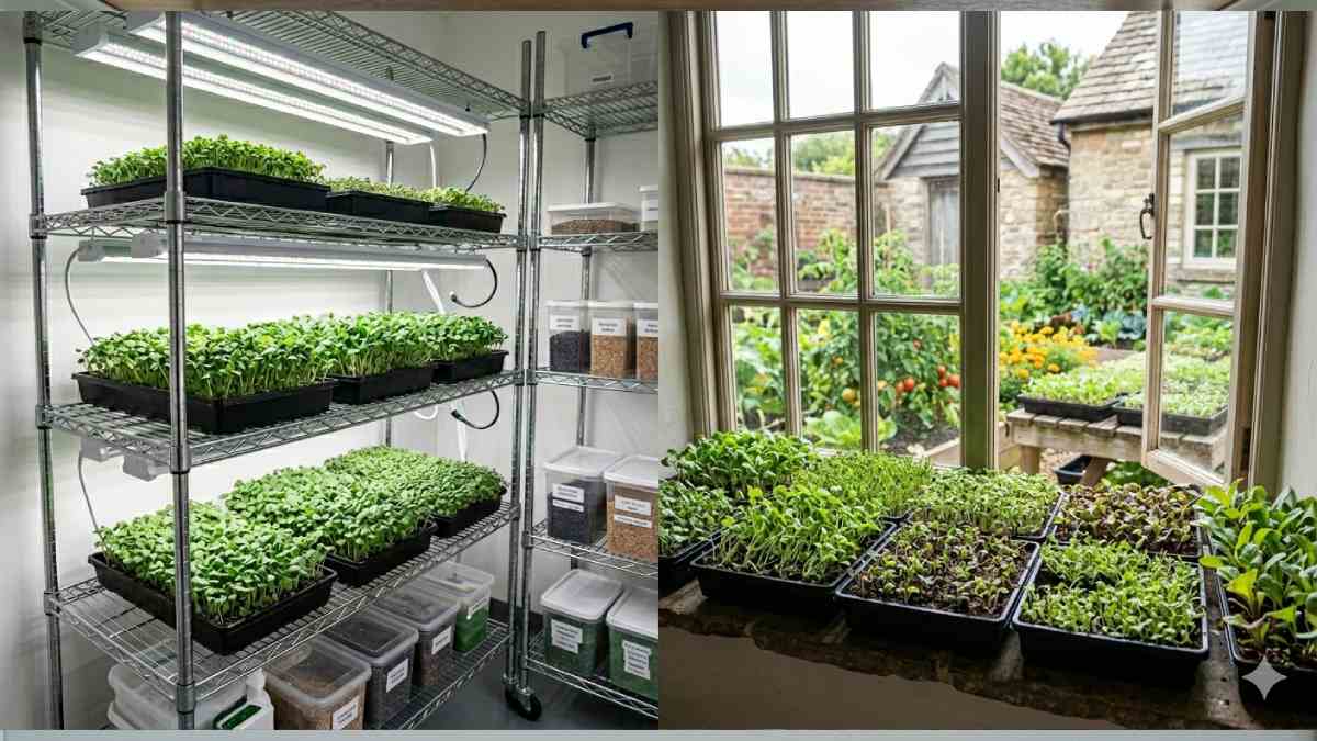 Comparison showing microgreens growing better under grow lights than natural light indoors