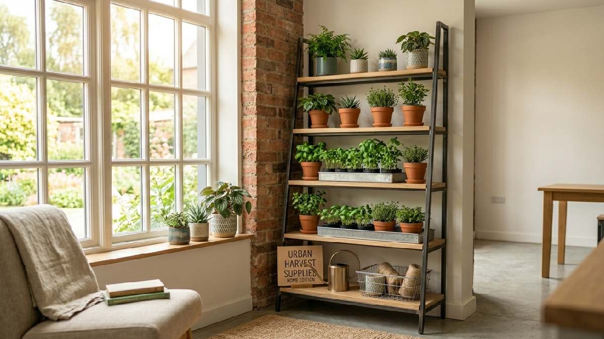A compact vertical plant shelf with small pots and herb trays fitting neatly into a small apartment corner near a window. 