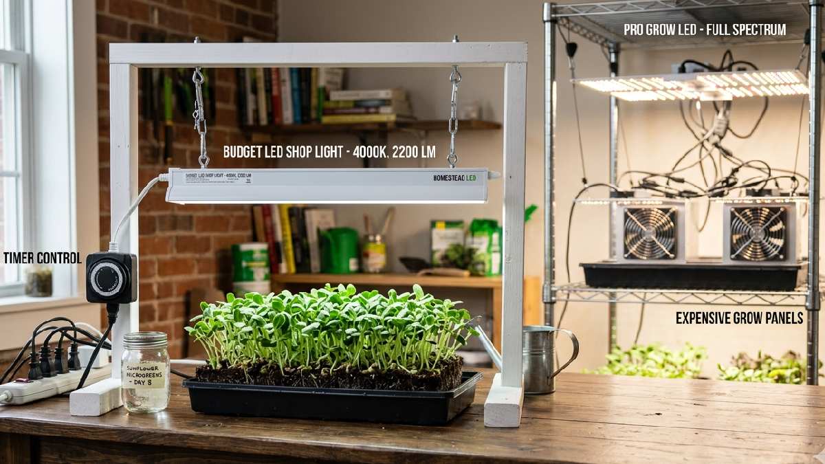 Budget LED shop lights can grow healthy microgreens with proper placement, timing, and consistency, with no need for expensive grow panels.