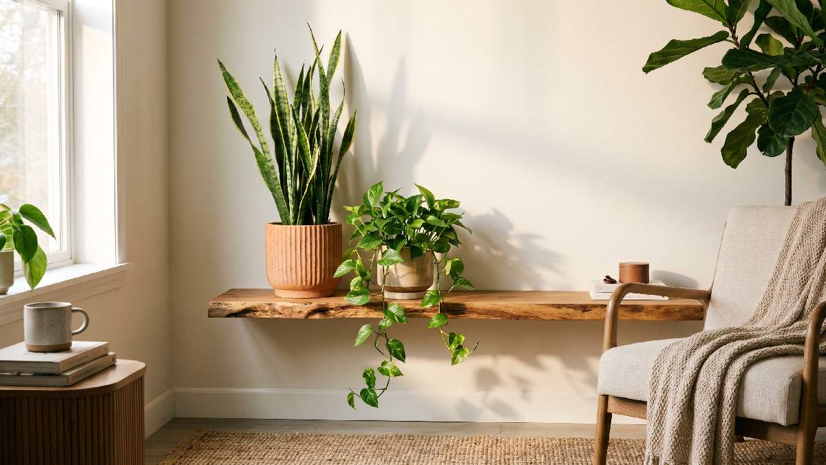 A snake plant and trailing pothos in elegant pots on a wooden shelf adding natural beauty to a cozy modern room. 