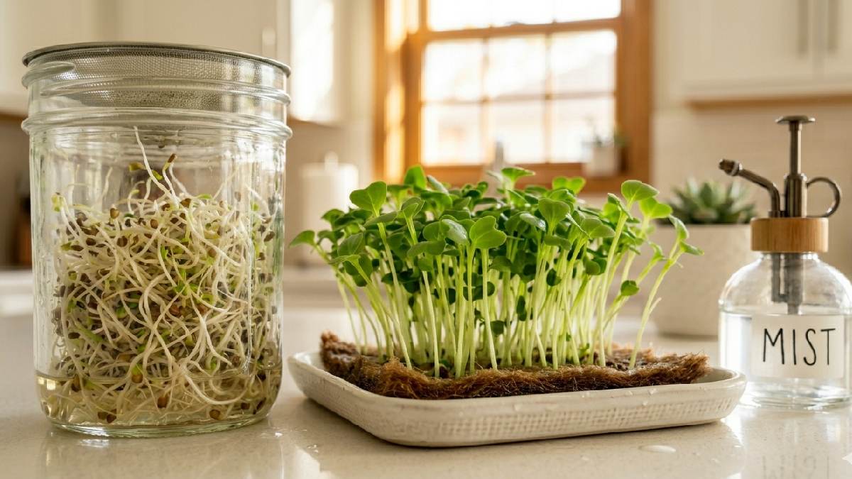 Sprouts grow in a simple jar, microgreens need tray and light. No garden needed, mistakes are forgivable, results come fast, small kitchen corner works fine. 
