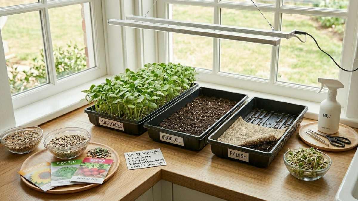 Basic trays seeds soil spray bottle and LED light are enough. for microgreens simple setup gives healthy indoor growth results.