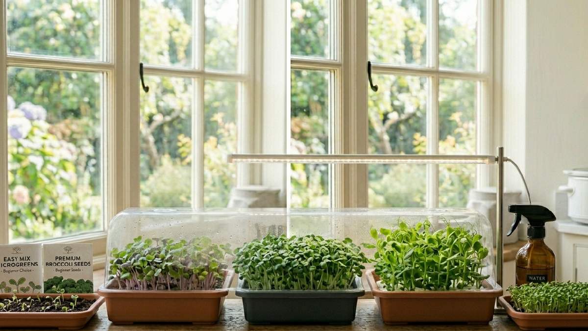 Radish mustard arugula microgreens grow fast indoors, visible daily, easy beginner harvests, quick results, simple trays, fresh green excitement plants.