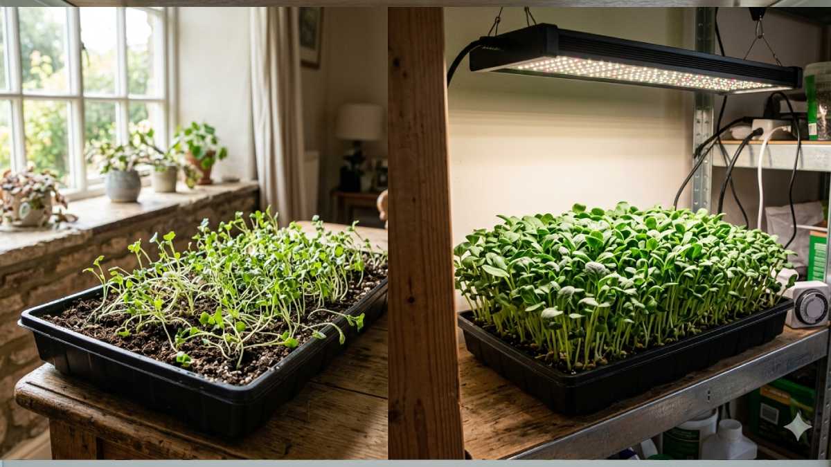 Comparison of microgreens growth under natural light vs LED grow light