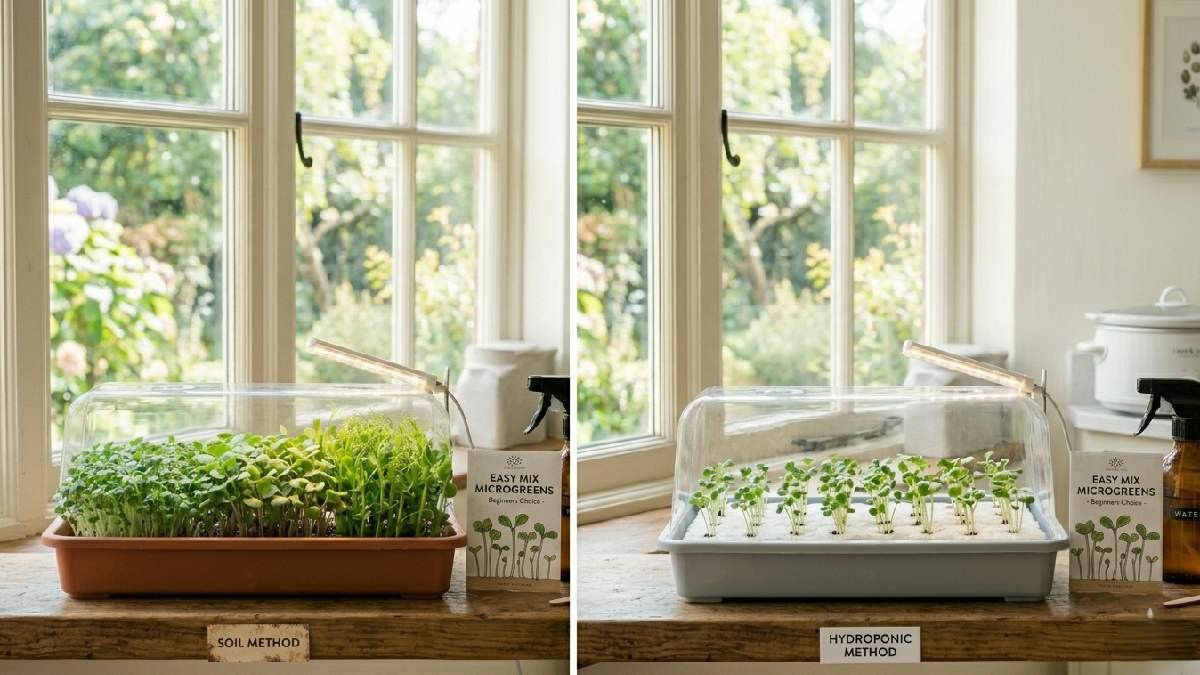 Microgreens grow well in soil or hydro mats choose simple method maintain moisture care both give healthy fresh beginner friendly results