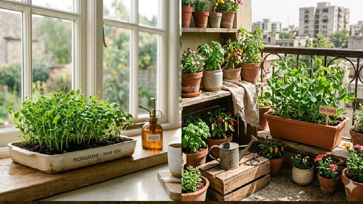 Indoor and outdoor microgreens growing setups compared side by side
