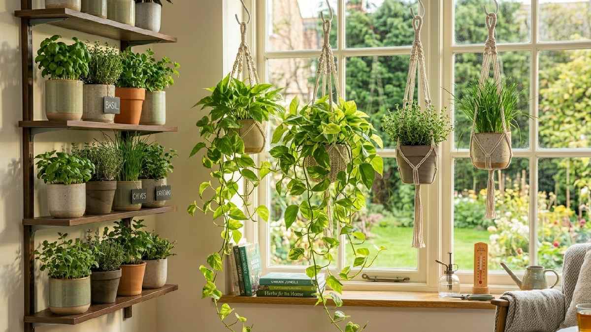 Trailing pothos and herbs in hanging planters suspended from ceiling hooks near a bright window in a cozy modern home. 