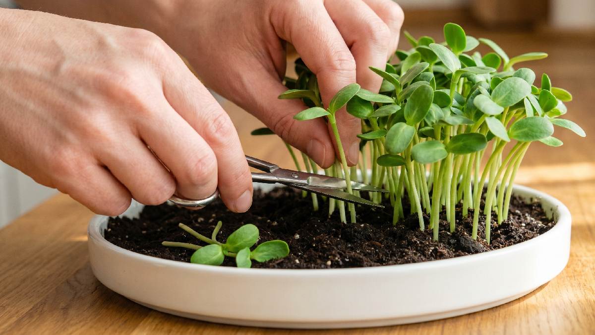Cut sunflower microgreens at 7 to 10 days when leaves open fresh and stems feel crunchy. Early harvest gives mild nutty flavor, waiting too long makes texture tough. 