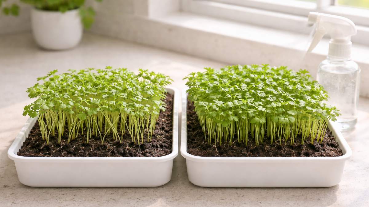 Too much water makes soil soggy and roots weak. Use spray bottle, mist lightly, check moisture daily, balanced moisture keeps growth steady, clean and mold free. 