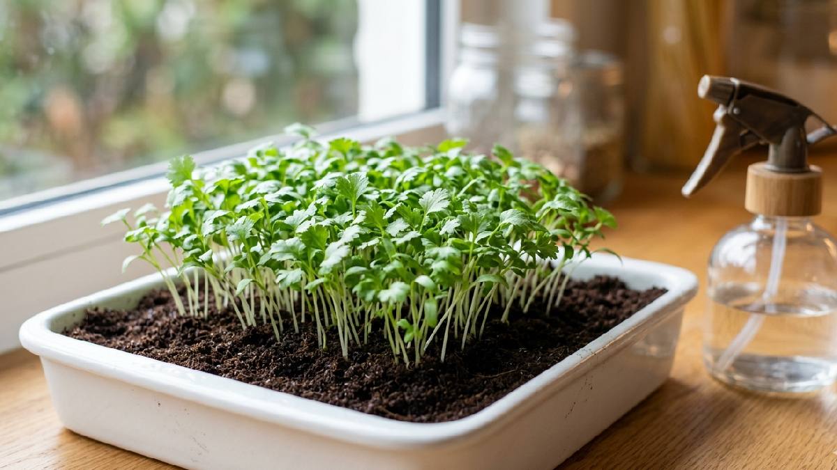 Cilantro microgreens pack vitamins C, E and K plus antioxidants. Grow at home, no pesticides, no chemicals, harvest in two weeks, clean food daily. 