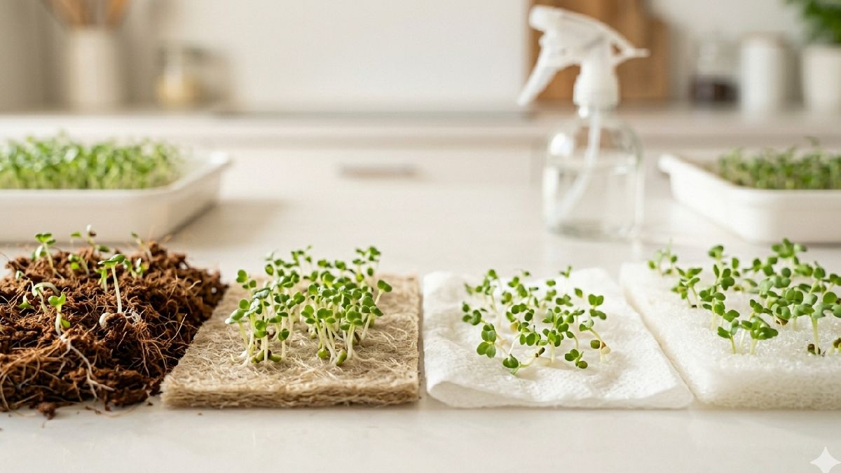 Coconut coir, grow mats and paper towels all work well. Each holds moisture differently, mist lightly, shoots respond fast when medium is right, results feel big. 