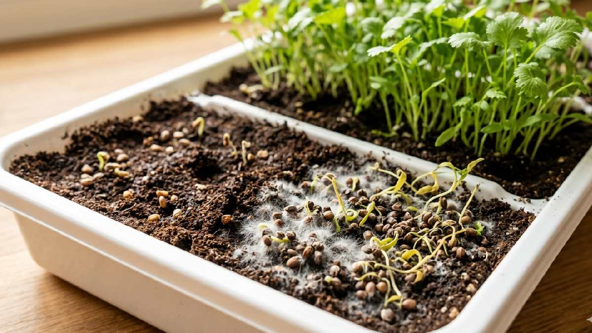 Mold, slow germination, and stuck seed hulls are common cilantro problems. Pre-soak seeds 6 to 8 hours, improve airflow, water less, and mist tops gently. 