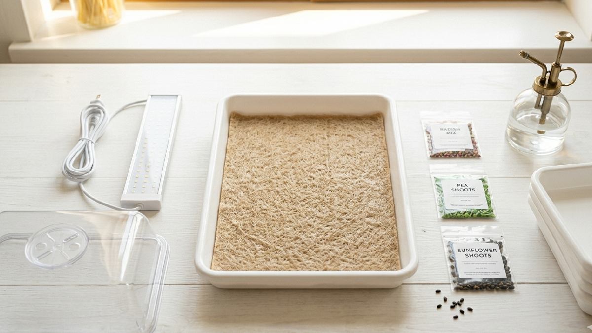 Shallow tray, grow mat, fresh seeds, spray bottle and light source is all you need. Simple setup fits any small table, effort stays low, results come fast. 