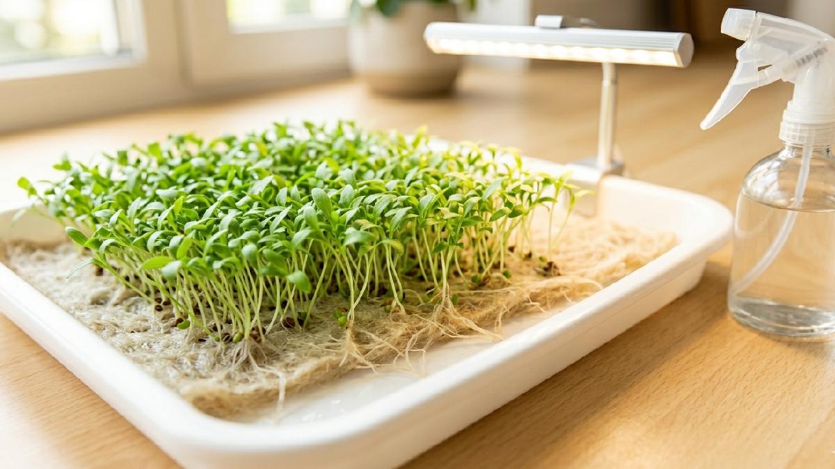 Hydroponic growing stays clean, no soil mess, roots grip mat firmly. Spread seeds evenly, mist softly, give light after sprouting, harvest when leaves open, cut cleanly above. 