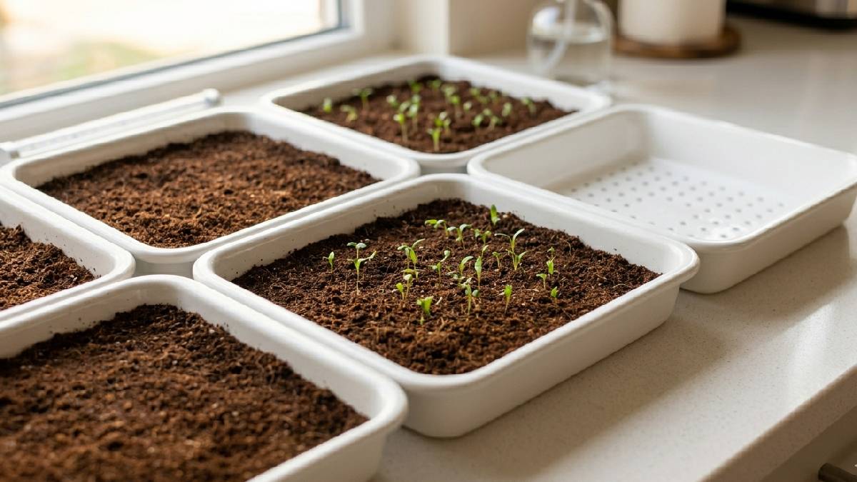 Shallow clean trays with drainage holes work best. Keep depth low, moisture spreads evenly, clean container matters, small simple setup gives strong fresh results daily. 