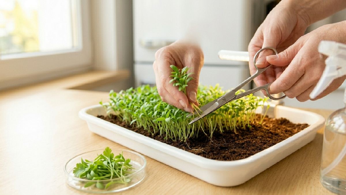 Harvest when leaves open and stems feel firm, cut above soil with clean scissors, small batches keep freshness better, timing matters for best taste and texture. 