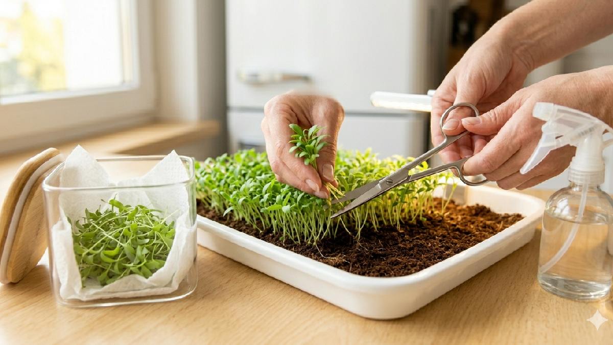 Harvest at 10 to 14 days, cut above soil, rinse gently, pat dry. Store in an airtight container with a paper towel; it stays fresh 5 to 7 days. 