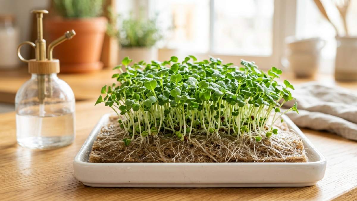 No mud no mess, just thin mat holding everything together. Tiny shoots come up fast, roots spread clean, water replaces soil, effort stays low. 