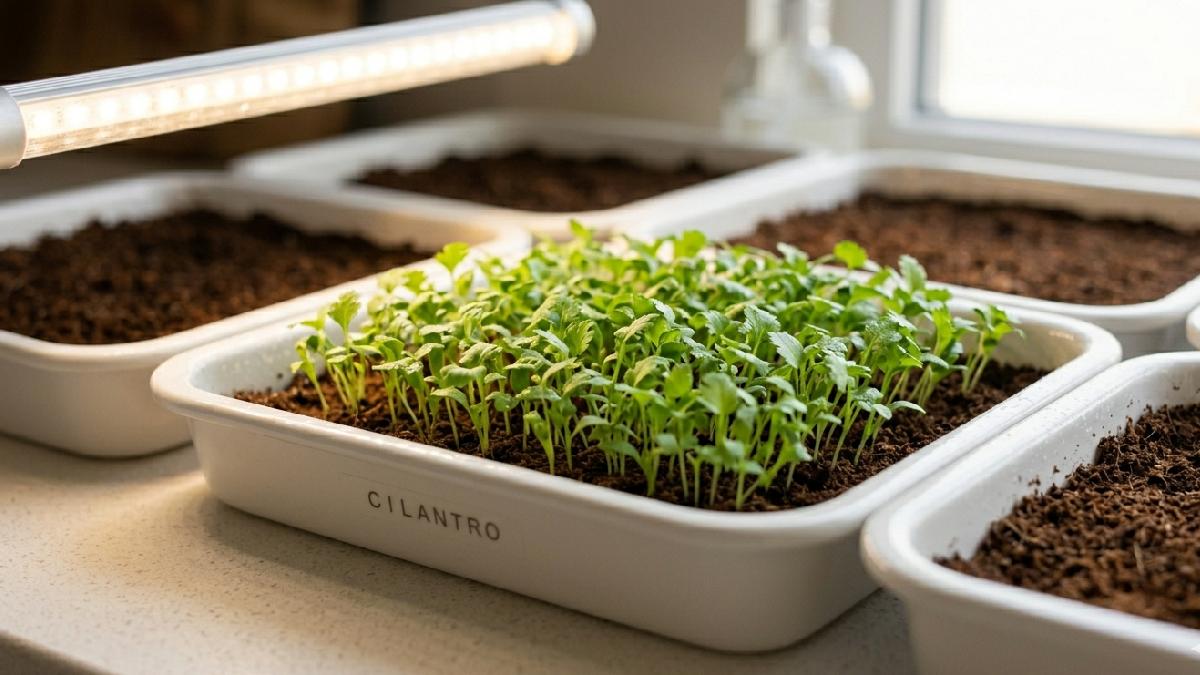 Cilantro microgreens grow well under sunlight or LED grow lights. Keep lights close, rotate trays often, good light keeps growth steady, compact, and leaves bright green. 