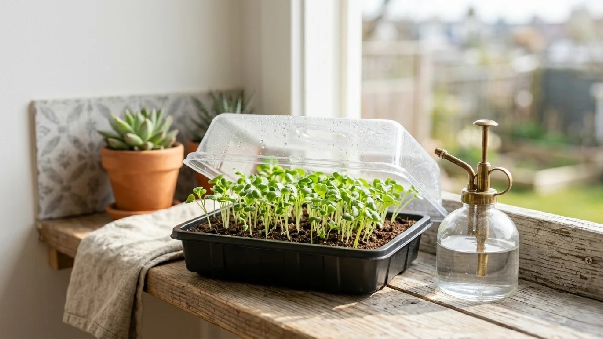  Microgreens growing in a small indoor tray on the kitchen counter, minimal tools, compact space, fresh green shoots, simple beginner-friendly setup.