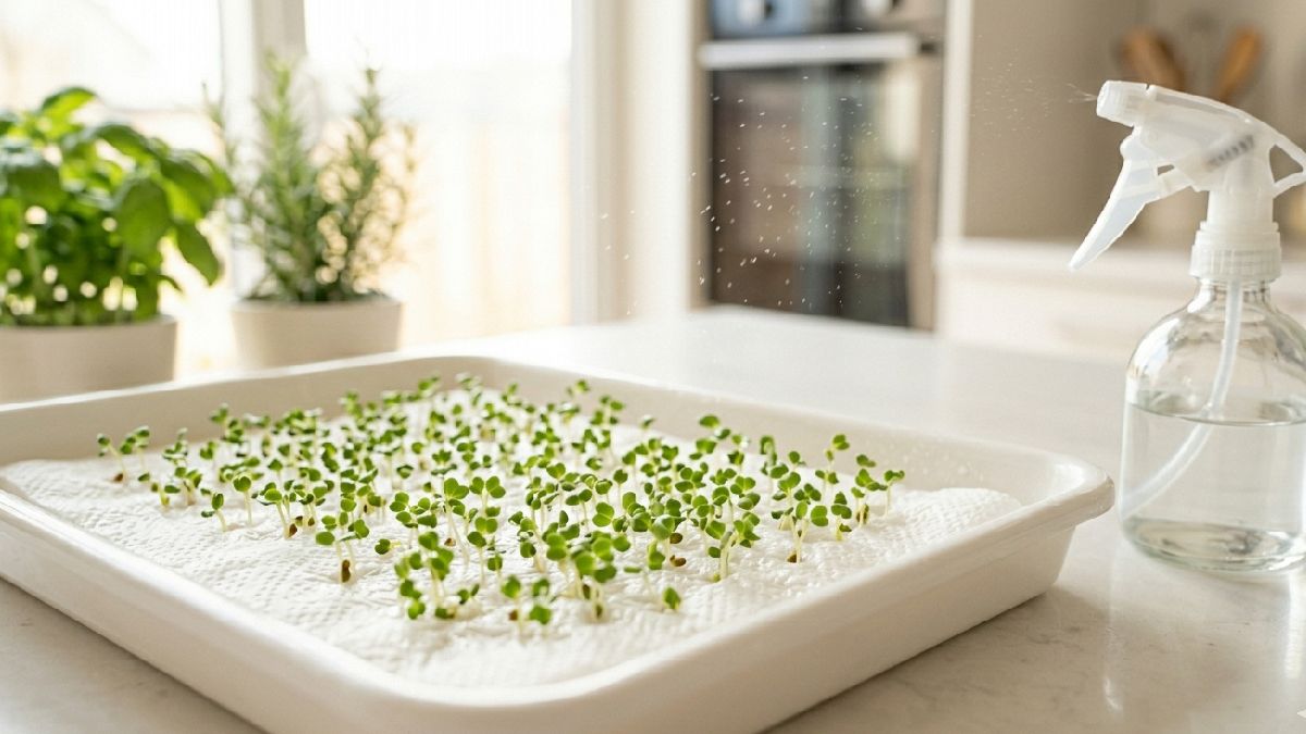 Wet paper towel in tray, seeds spread on top, no soil nothing fancy. Sprouts still come up, roots hold fibers, costs almost nothing, kitchen stays clean. 